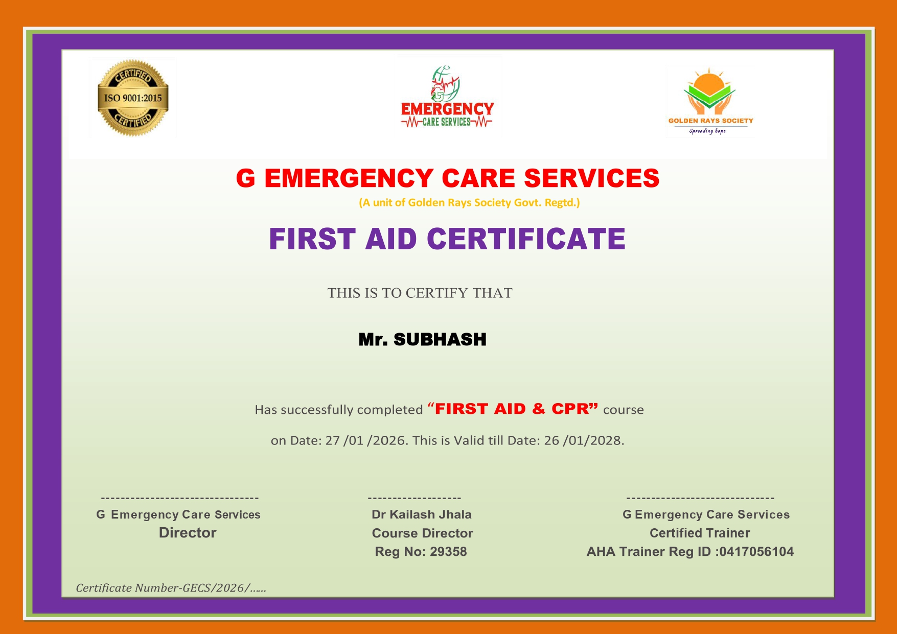 First Aid Certificate